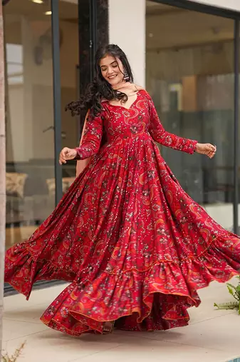 Red printed rayon gown