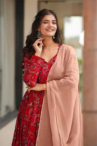 Red printed rayon gown