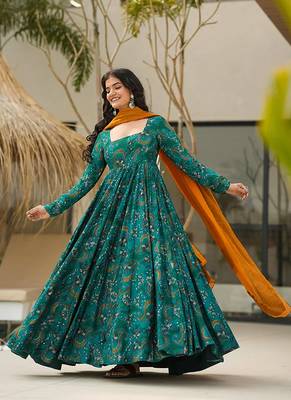 Teal blue printed rayon gown 1