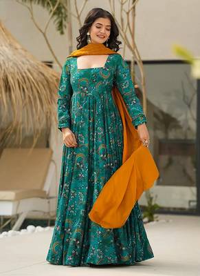 Teal blue printed rayon gown 2