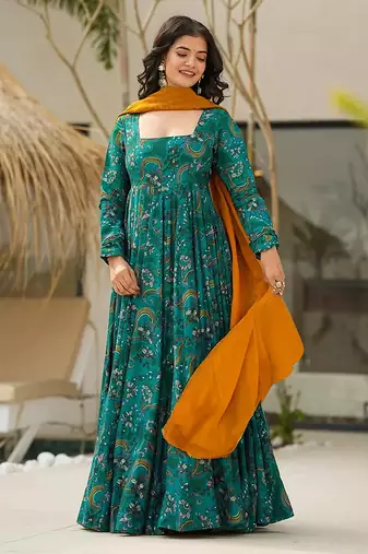 Teal blue printed rayon gown