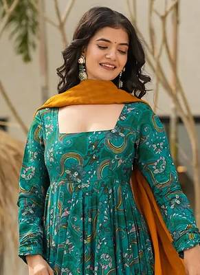 Teal blue printed rayon gown 4