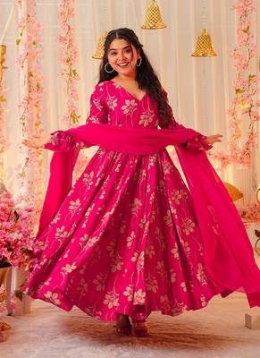Rani pink printed rayon gown 1
