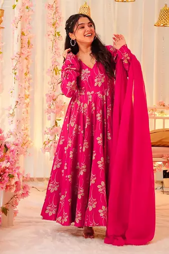 Rani pink printed rayon gown