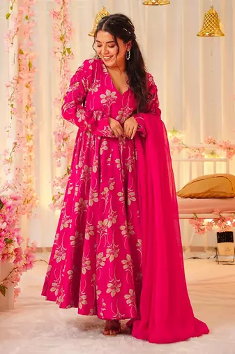 Rani pink printed rayon gown