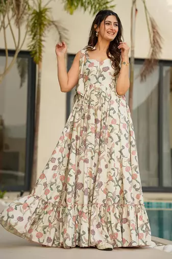 Cream printed rayon gown