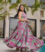 Sea green printed rayon gown