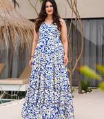 Cream & blue printed rayon gown