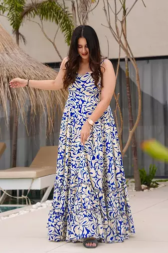 Cream & blue printed rayon gown