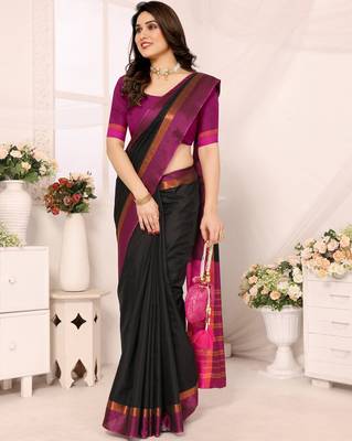 Black silk blend soft saree with pink contrast blouse 2