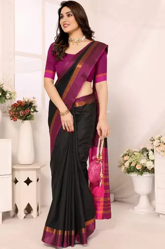 Black silk blend soft saree with pink contrast blouse
