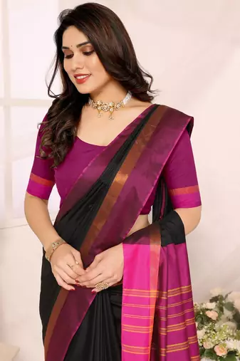 Black silk blend soft saree with pink contrast blouse