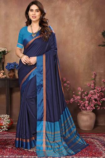 Blue silk blend soft saree with contrast blouse