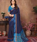 Blue silk blend soft saree with contrast blouse