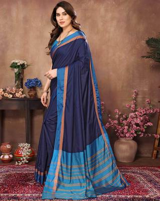 Blue silk blend soft saree with contrast blouse 2