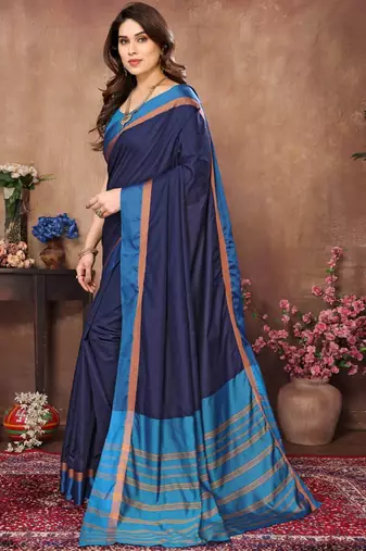 Blue silk blend soft saree with contrast blouse