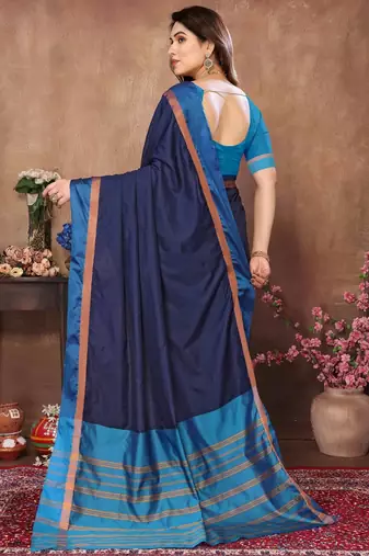 Blue silk blend soft saree with contrast blouse