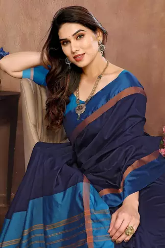 Blue silk blend soft saree with contrast blouse