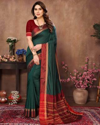 Green silk blend soft saree with contrast blouse 1