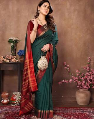 Green silk blend soft saree with contrast blouse 2