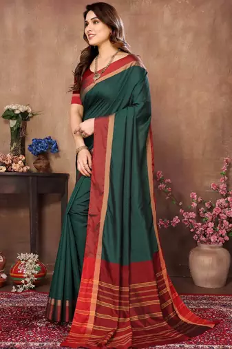 Green silk blend soft saree with contrast blouse