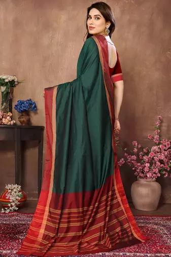 Green silk blend soft saree with contrast blouse