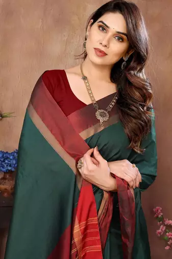 Green silk blend soft saree with contrast blouse
