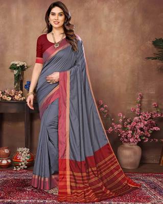 Grey silk blend soft saree with contrast blouse 1