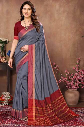 Grey silk blend soft saree with contrast blouse