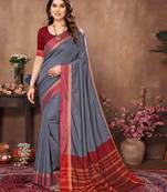 Grey silk blend soft saree with contrast blouse