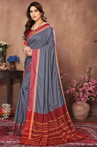 Grey silk blend soft saree with contrast blouse