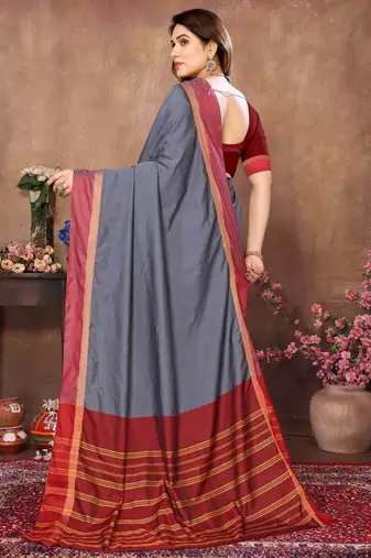 Grey silk blend soft saree with contrast blouse