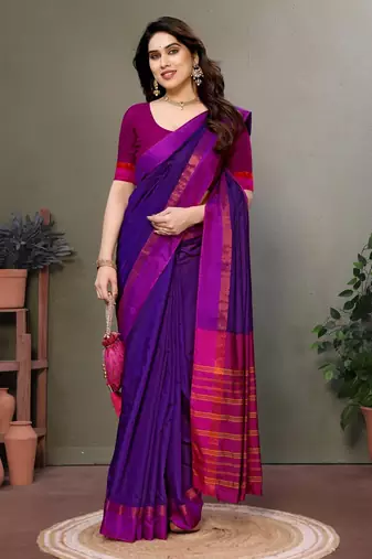 Purple silk blend soft saree with contrast blouse