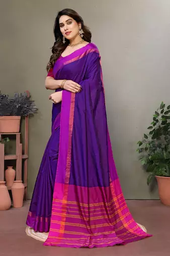 Purple silk blend soft saree with contrast blouse