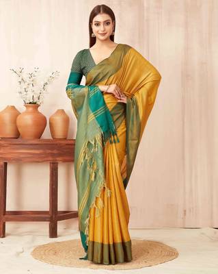 Yellow silk blend saree with contrast  blouse 1
