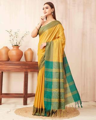 Yellow silk blend saree with contrast  blouse 2