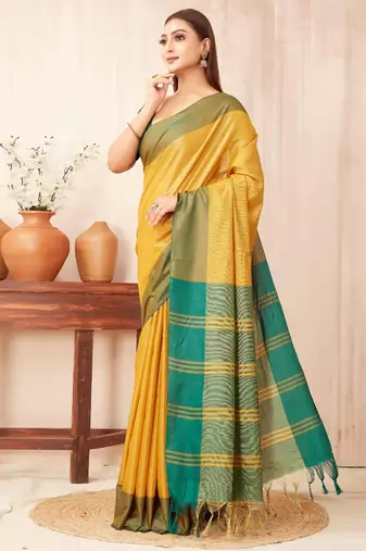 Yellow silk blend saree with contrast  blouse