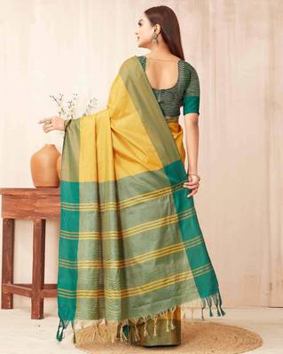 Yellow silk blend saree with contrast  blouse 3