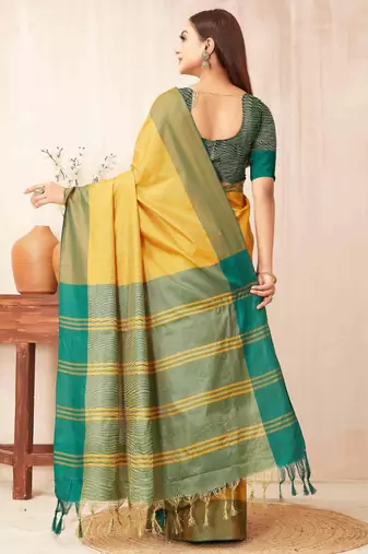 Yellow silk blend saree with contrast  blouse