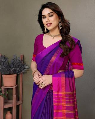 Purple silk blend soft saree with contrast blouse 5
