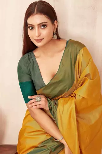 Yellow silk blend saree with contrast  blouse