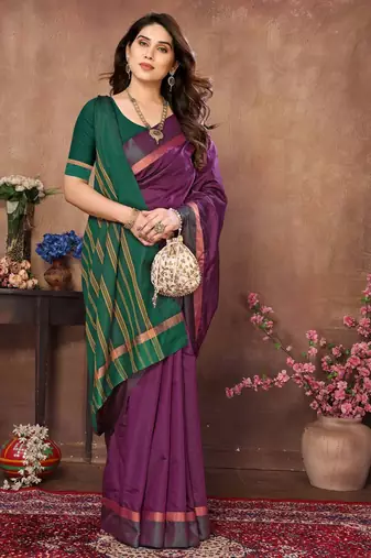 Wine silk blend soft saree with contrast blouse
