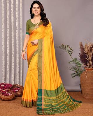 Yellow silk blend soft saree with contrast blouse 1