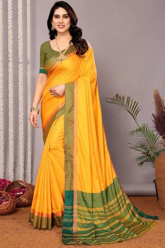 Yellow silk blend soft saree with contrast blouse