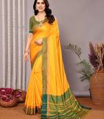 Yellow silk blend soft saree with contrast blouse