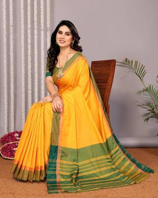 Yellow silk blend soft saree with contrast blouse 2