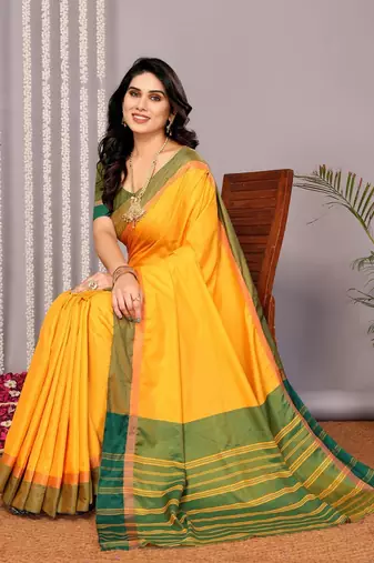 Yellow silk blend soft saree with contrast blouse