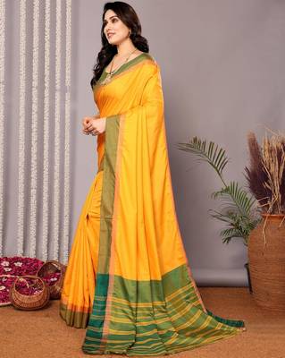 Yellow silk blend soft saree with contrast blouse 3