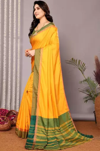 Yellow silk blend soft saree with contrast blouse