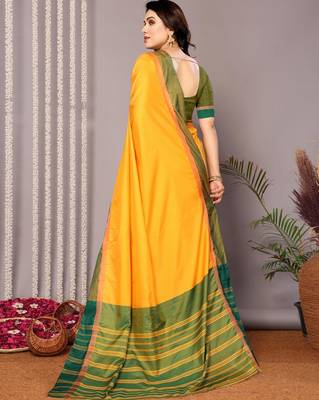 Yellow silk blend soft saree with contrast blouse 4